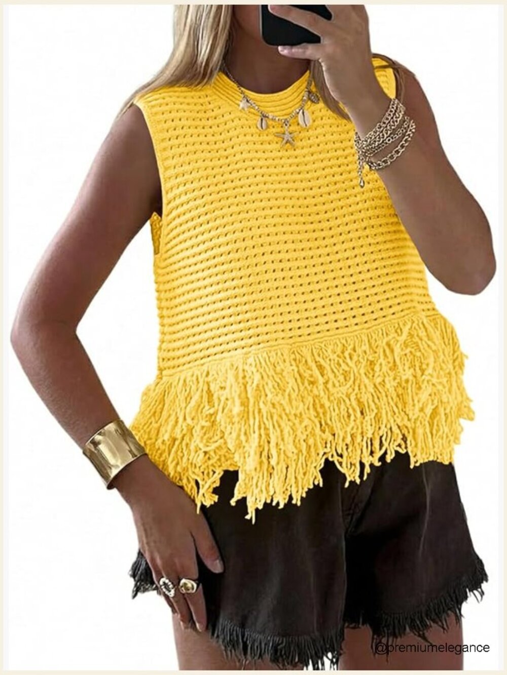 Crochet Fringe Crop Tank Top Sleeveless Crew Neck Boho Knit Summer Sweater Vest
